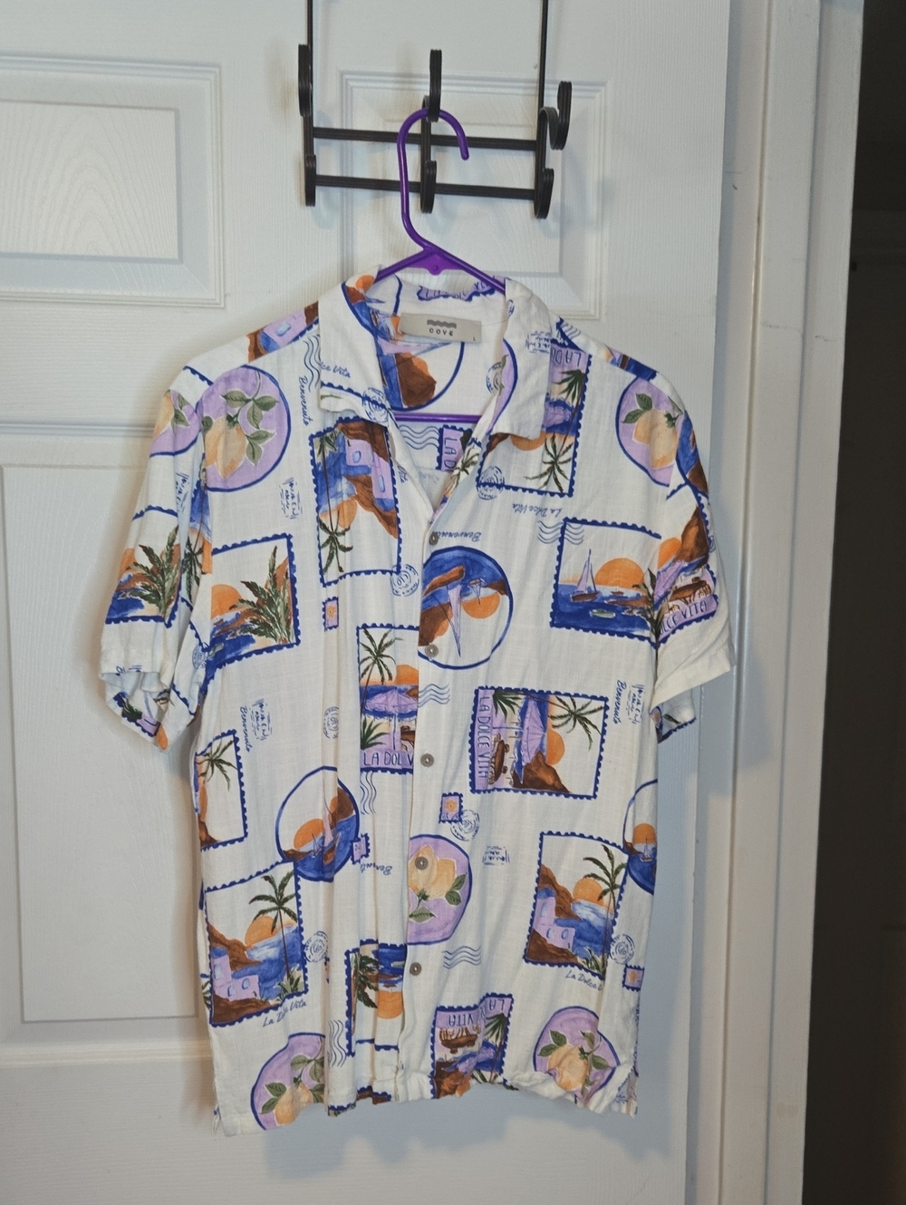 Cove White Short Sleeve Button-Down with Blue & Orange Tropical Postcard Print